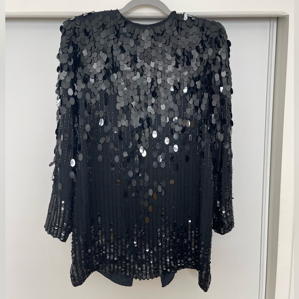 Vintage 70s Oleg Cassini Black Silk Beaded & Paillette Formal Jacket - Picture 4 of 7